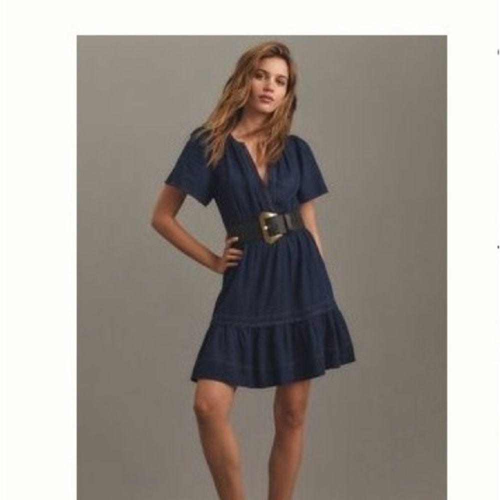 Anthropologie Navy/Denim Ruffled Mini Dress with Short Sleeves